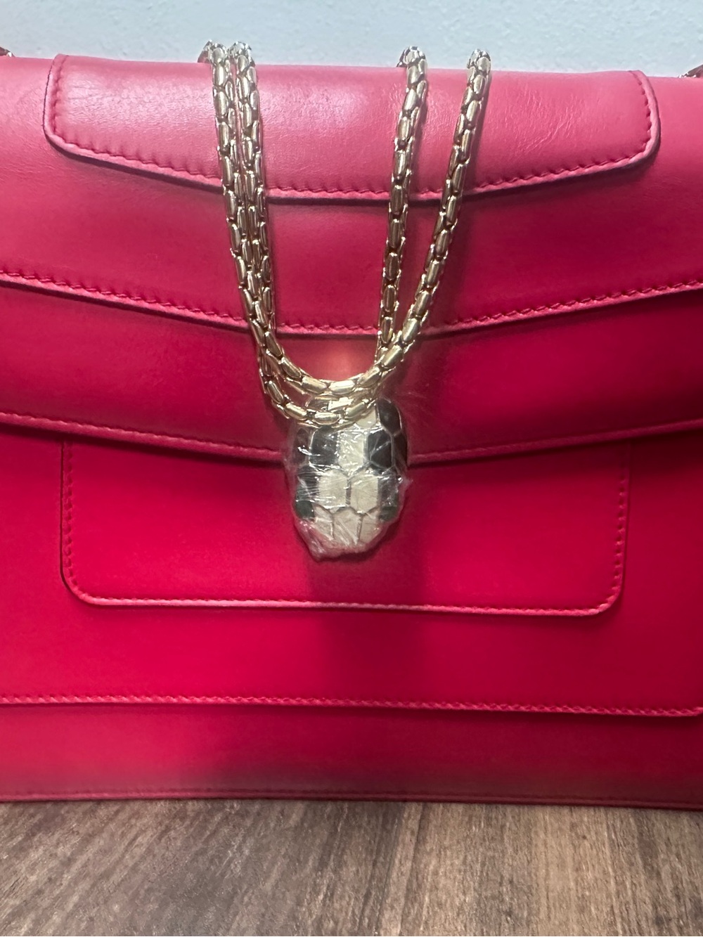 Blvgari Red Leather Shoulder Bag with Gold Chain and Snakehead Clasp